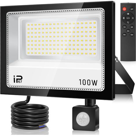 Projecteur LED 100 W avec détecteur de mouvement extérieur, 10 000 lm, 7000 K, étanche IP67, avec télécommande, blanc froid pour jardin, garage, terrain de sport, cour (1/5)