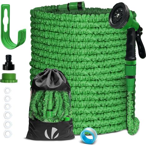 Tuyau d'Arrosage Extensible 45m Adaptable 1/2" et 3/4" 10 Modes de Pulvérisation Flexible et Anti-Fuite Raccord et Sac de Rangement Fournis Vert (1/5)