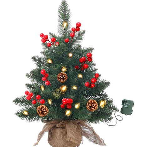 Mini Sapin de Noël avec Guirlande Lumineuse LED, Sapin de Noël Artificiel de Table avec Pommes de pin et Baies Rouges, Petit Arbre de Noël pour Maison Bureau Bar et Table à Manger (1/5)