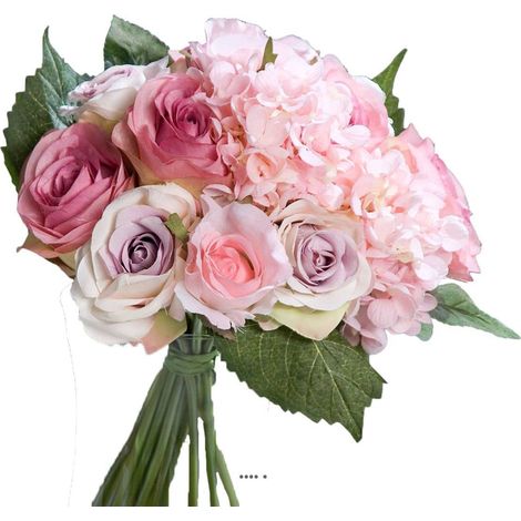Bouquet de Roses et Hortensias artificielles Rose 13 tetes Diametre 28 cm - couleur: Rose pâle
