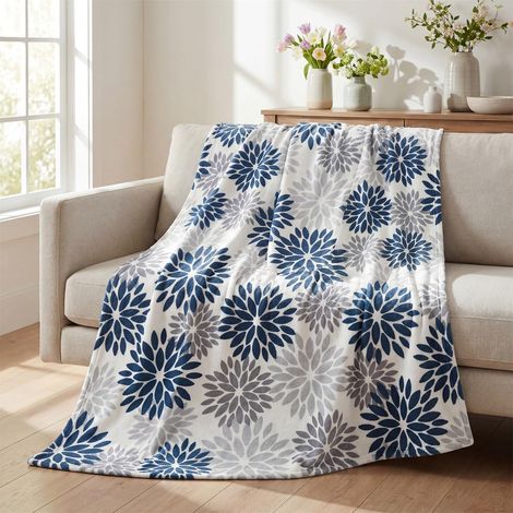 Manta de franela con estampado de dalias (azul y plateado, 150 cm x 200 cm) (1/4)