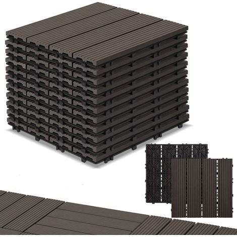 Jiubiaz Piastrelle per terrazza 2 mq, piastrelle in WPC 30x30 cm, 22 pezzi di piastrelle a clic, piastrelle per balcone, antiscivolo, marrone scuro - 4 strisce (1/5)