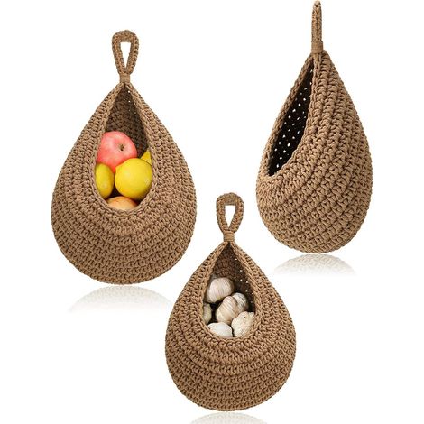 Ensemble de 3 paniers muraux suspendus JeiibrZui - Jute et coton - Grande, moyenne et petite tailles - Marron - Idéal pour l'organisation de la cuisine, de la salle de bain et du salon (1/5)