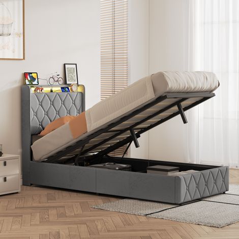 Lit coffre un place 90x200 avec sommier à lattes, Lit simple rembourrée avec éclairage LED et port USB, Lit en velours pour enfant et adulte, Velours, Gris (1/5)