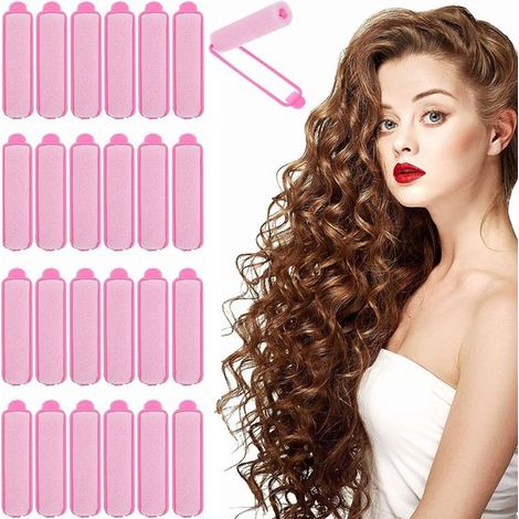 Lot de 24 bigoudis en mousse 2 x 7 cm, rouleaux pour cheveux sans chaleur, souples et réutilisables, pour tous types de cheveux, rose (1/4)