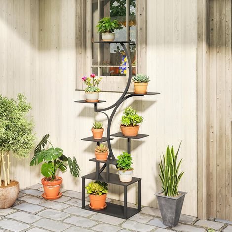 8-stufiges Metall-Blumenregal, S-förmiger Pflanzenständer 158,5 cm, für drinnen und draußen, Schwarz