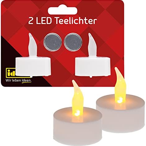 Idena 408982 - Velas de té LED, 2 piezas, velas eléctricas con luz parpadeante, pilas incluidas, decoración para bodas, fiestas, Navidad, Pascua, como luz de ambiente