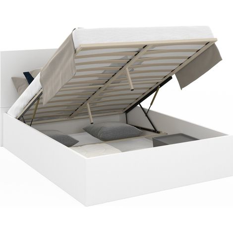 Idmarket – Lit coffre double SEASIDE 140 x 190 cm – Tête de lit – Sommier 24 lattes en bois – Coffre de rangement avec vérins de levage (1/5)