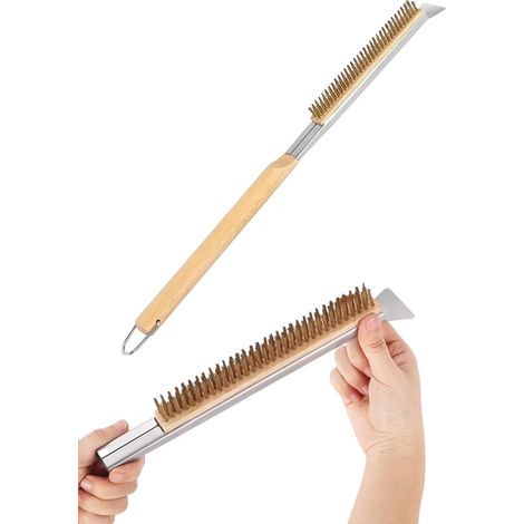 Brosse pour four à pizza, brosse à pierre à pizza avec grattoir, brosse de barbecue avec poignée en bois, accessoire à pizza, longue poignée, brosse de nettoyage pour four à pizza et pierre à pizza (1/5)