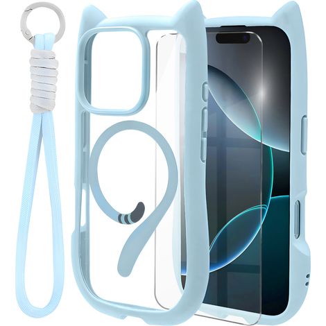 Funda para iPhone 16 Pro, MagSafe, diseño de gato adorable, azul + protector de pantalla (1/5)