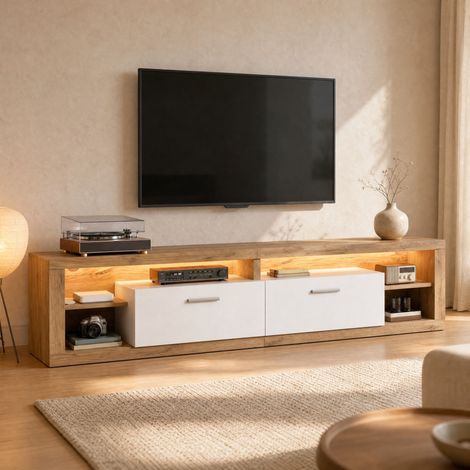 Mueble TV 180x35.5x50 cm, con LED controlado por app, 2 cajones, 4 compartimentos abiertos, aglomerado, natural (1/5)
