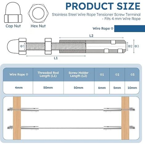 Stainless Steel Cable Tensioner for 4 mm Stainless Steel Cable with Allen Key Wire Rope Tensioner for Steel Cables on Railings and Fences (1/4)