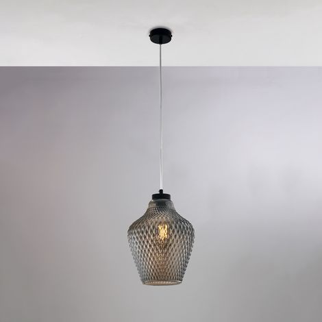 Sospensione in ferro laccato nero con cavo elettrico regolabile e diffusore in vetro soffiato grigio specchiato con decoro in rilievo 1 luce H.35 - MAX 135 - Ø21