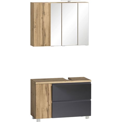 Waschbeckenunterschrank, rechts, mit Spiegelschrank, 85cm, LED Beleuchtung, VASTO-03-GREY, Wotan Eiche Nb. mit grau matt, B/H/T ca. 85/200/35 cm (1/5)