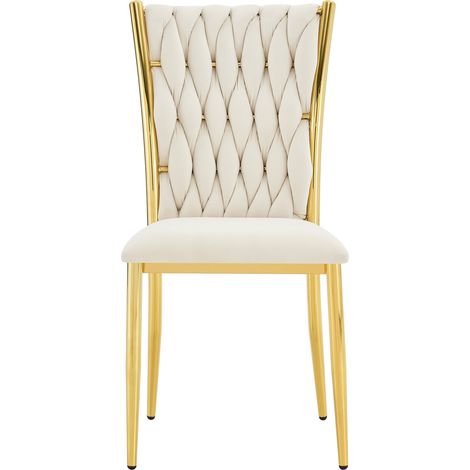 Silla de comedor tapizada de terciopelo beige con respaldo trenzado y patas de metal dorado (1/5)