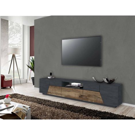 Dmora Mueble TV para salón, Made in Italy, Mueble TV con 4 puertas geométricas y 1 cajón, 220x43h46 cm, Pizarra y Arce, con embalaje reforzado (1/5)