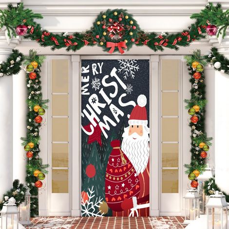 Stickers de porte de Noël, décorations de porte Père Noël, décorations de fête du Nouvel An, décorations de fêtes, banderoles/décorations de porte - 90 x 180 cm (avec trous et ruban) - 11