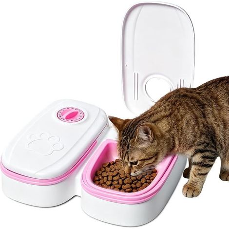 Distributeur de Croquettes Chat Automatique, 2 Bols 700 mlGamelle de Chat avec Minuterie de 48 Heures, Distributeur de Croquettes Amovible, Automatic Cat Feeder pour Pâtée et Croquettes (1/5)