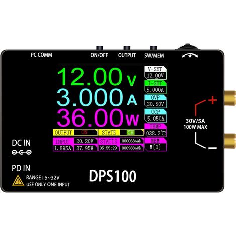 Alimentation électrique portable numérique réglable 100 W, 30 V, 5 A, avec protections multiples, onde à basse température, haut rendement et écran couleur de 2,4 pouces (1/5)