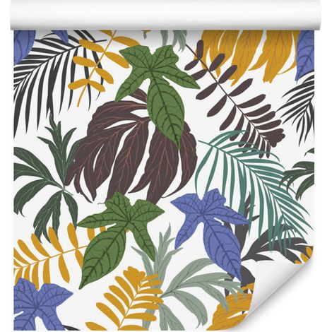Carta da parati con foglie tropicali in vari colori per soggiorno e camera da letto, 50x1000 cm (1/5)