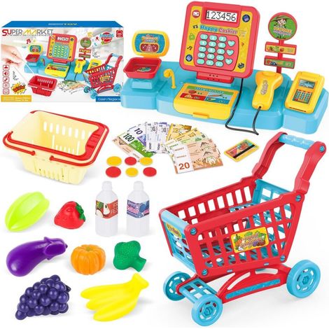 Chariot de Courses Enfant avec Caisse Enregistreuse, Aliments Jouets et Accessoires pour Jeu de Rôle (1/5)