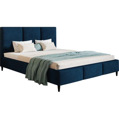 Lit adulte 140x200 Carlos, lit double avec sommier à lattes & tête de lit, velours - Meubles du fabricant - Bleu foncé (Kronos 09)