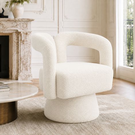 Fauteuil pivotant 360° rond rembourré accoudoirs larges tissu doux salon chambre bureau salle attente confort beige (1/5)