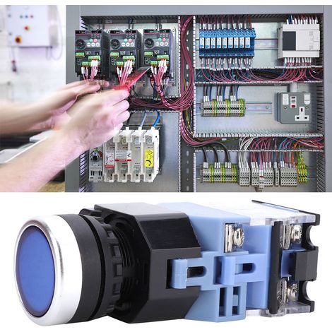 Lot de 10 Interrupteurs Poussoirs Auto-Verrouillants BEM38-11DS, Tête Plate, AC/DC 24V, 1 Marche/1 Arrêt, Lumière Bleue (1/4)