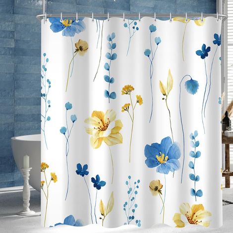 1 Rideau De Douche, Motif Bleu Et Jaune, Polyester Imperméable, Anti-Moisissure, Avec 12 Anneaux, Pour Salle De Bain (1/5)