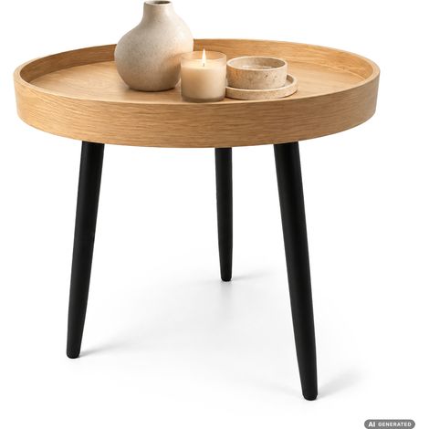 Couchtisch PICCO Naturholz-Optik 40 cm rund mit erhöhtem Rand schwarze Beine Industrial-Stil 40x40x40 cm (1/5)