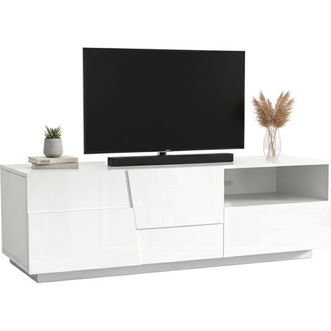 Dmora - Mobile porta TV Cecia, Credenza bassa da soggiorno con 2 ante e 1 cassetto, Base porta TV, 150x44h46 cm, Bianco lucido
