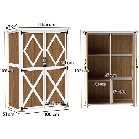 Abri de jardin en épicéa, 2 étagères, 2 portes, 116,5 x 57 x 159/167 cm, marron et blanc. (1/5)