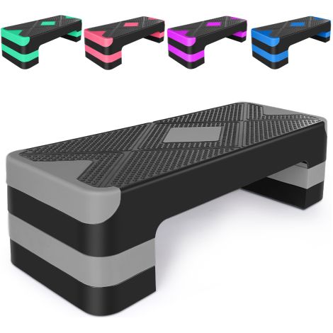 Step aerobico regolabile per esercizi, piattaforma per allenamento, pedana per step, 68,5 cm/27" con rialzi regolabili in altezza da 10 cm/4", 15 cm/6", 20 cm/8" (grigio) (1/5)