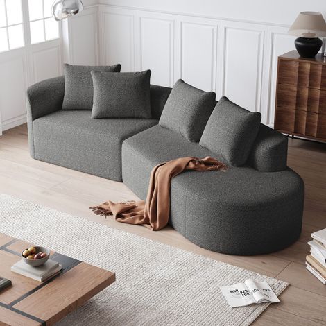 Sofá 3 plazas con cuatro cojines decorativos, curvado, sofá esquinero extragrande, chenilla, color gris oscuro (1/5)