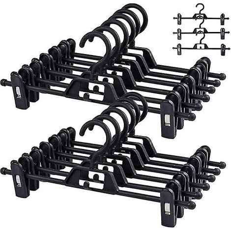 Lot de 10 cintres noirs en plastique pour pantalons et jupes, avec pinces antidérapantes et réglables, cintres gain de place pour jupes avec crochet à 360°, cintres pour jupes, Je