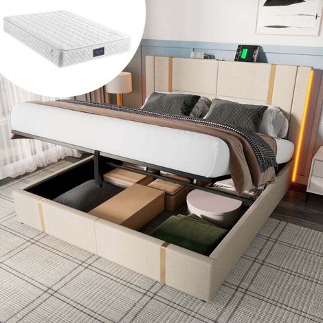 Cama individual LED de 140 x 200 cm, somier de madera, tela de lino beige, con carga USB tipo C, apta para jóvenes y adultos (colchón incluido). (1/5)