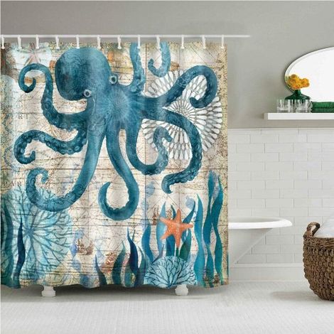 Duschvorhang für Zuhause, waschbar, wasserdicht und schimmelresistent, bedruckt mit elegantem Muster, Badezimmervorhänge mit 12 Ringhaken, 180 x 180 cm (Bunt – Oktopus)