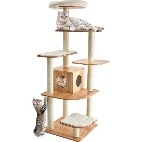 Wooden Cat Tower Large Modern Cat Tree Tower Multi-level Cat Play Center Indoor (1/5)