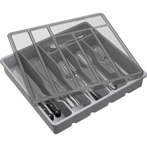 Range Couverts pour Tiroir avec Couvercle, Boîte de Rangement Couverts de Cuisine, Organisateur de Couverts en Plastique, pour Cuillères Fourchettes, Couteaux, 6 Compartiments, Gris (1/5)