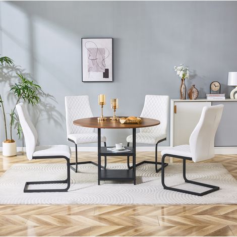 Runder Esstisch 107 cm mit 4 weißen Stühlen im Industrial-Stil, MDF und Metall, Nussbaum (1/5)