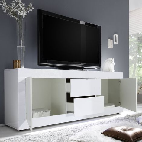 Mueble TV Sinello, 2 Compartimentos, Apertura con Manija, 86 Pulgadas, 210x43x65h cm Blanco Brillante (1/4)