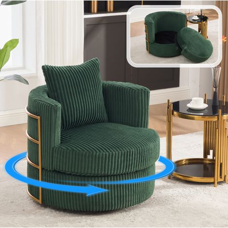 Fauteuil pivotant 360° en velours côtelé avec rangement, accoudoirs rembourrés en mousse haute densité, style moderne, vert (1/5)