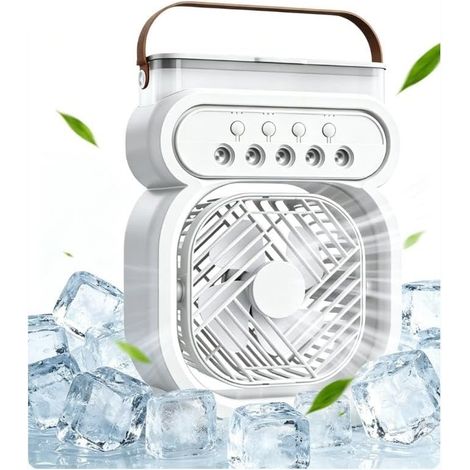 Ventilateur climatiseur USB, mini ventilateur de refroidissement personnel 4 en 1 avec brumisateur d'eau, petit humidificateur d'air froid évaporatif à 3 vitesses, ventilateur de bureau pour la maison (1/5)