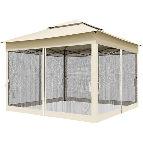 Faltbarer Gartenpavillon (3 x 3 m), Stahl, wasserdichtes Polyester, UV-beständig, Moskitonetz, Tragetasche, beige