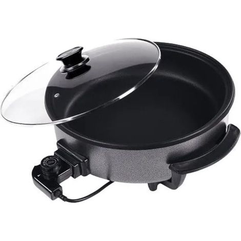 Poêle électrique MX011 avec couvercle  Ø 32 cm et 9 cm de profondeur  Poêle à pizza  1500 W, revêtement antiadhésif  5 niveaux de chaleur réglables  Noire