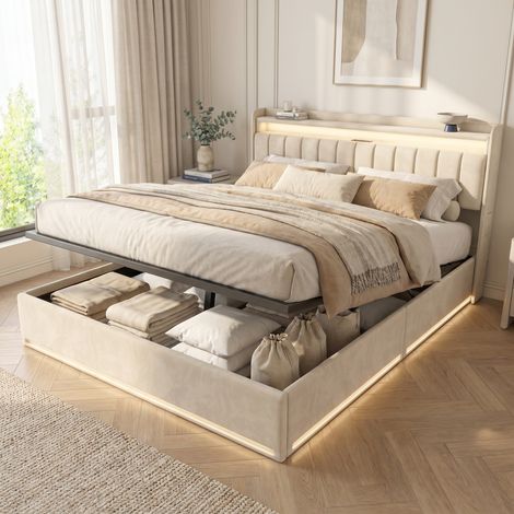 Lit coffre 160x200 cm en velours, lit double adulte avec Éclairage LED RGB, tête de Lit multifonction avec rangement et station de charge USB, Beige