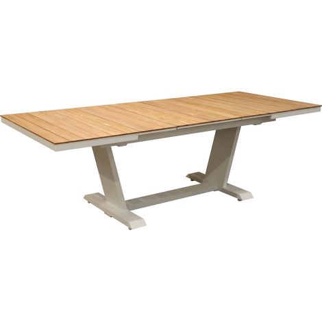 PROLOISIRS Table de repas extensible - AMBER - 180/240 x 100 cm - Aluminium époxy blanc / Lames teck - Allonge automatique