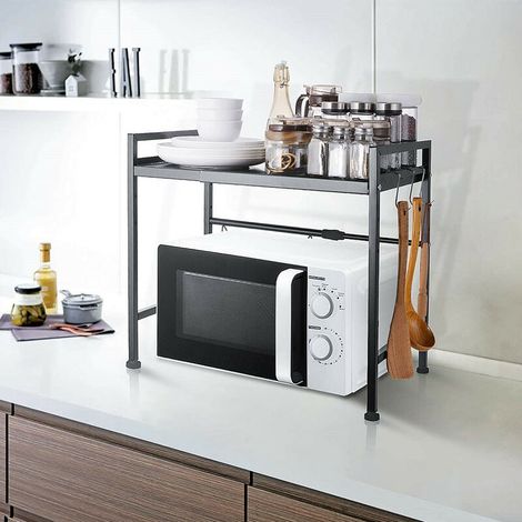 Étagère de Cuisine Télescopique en Acier Carbone pour Four à Micro-Ondes, Support de Four à Micro-Ondes Extensible avec 6 Crochets, Micro-Ondes Rack, Noir (1/5)