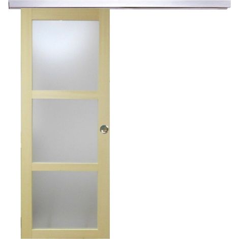 Puerta corredera de madera Ayous con cristal H204 x L83 cm, riel de aluminio, conchas de GD MENUISERIES