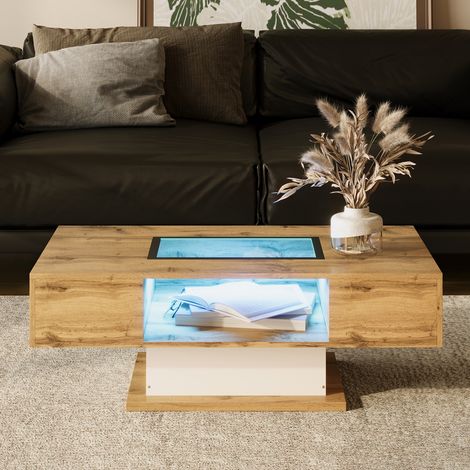 Couchtisch 110 cm, rechteckig, mit LED-Beleuchtung, 2 Schubladen, Glasplatte, Landhaus-Wohnzimmertisch aus Holz – Natur